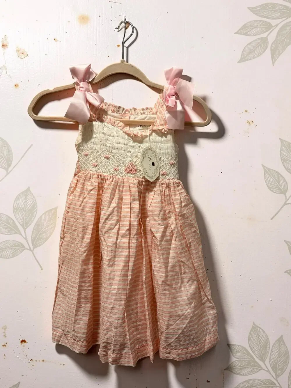 Pettigirl Girls Dress Size 5 Pink Stripe Smocked Bow 100% Cotton NWT Boutique
